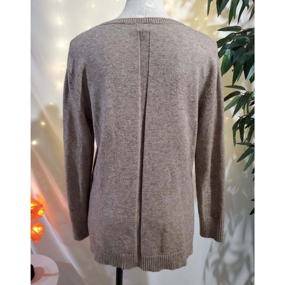 Anthropologie V Neck Tan Ribbed Hi Low Slit Knit Sweater Womens Size S Neutral - Picture 5 of 11